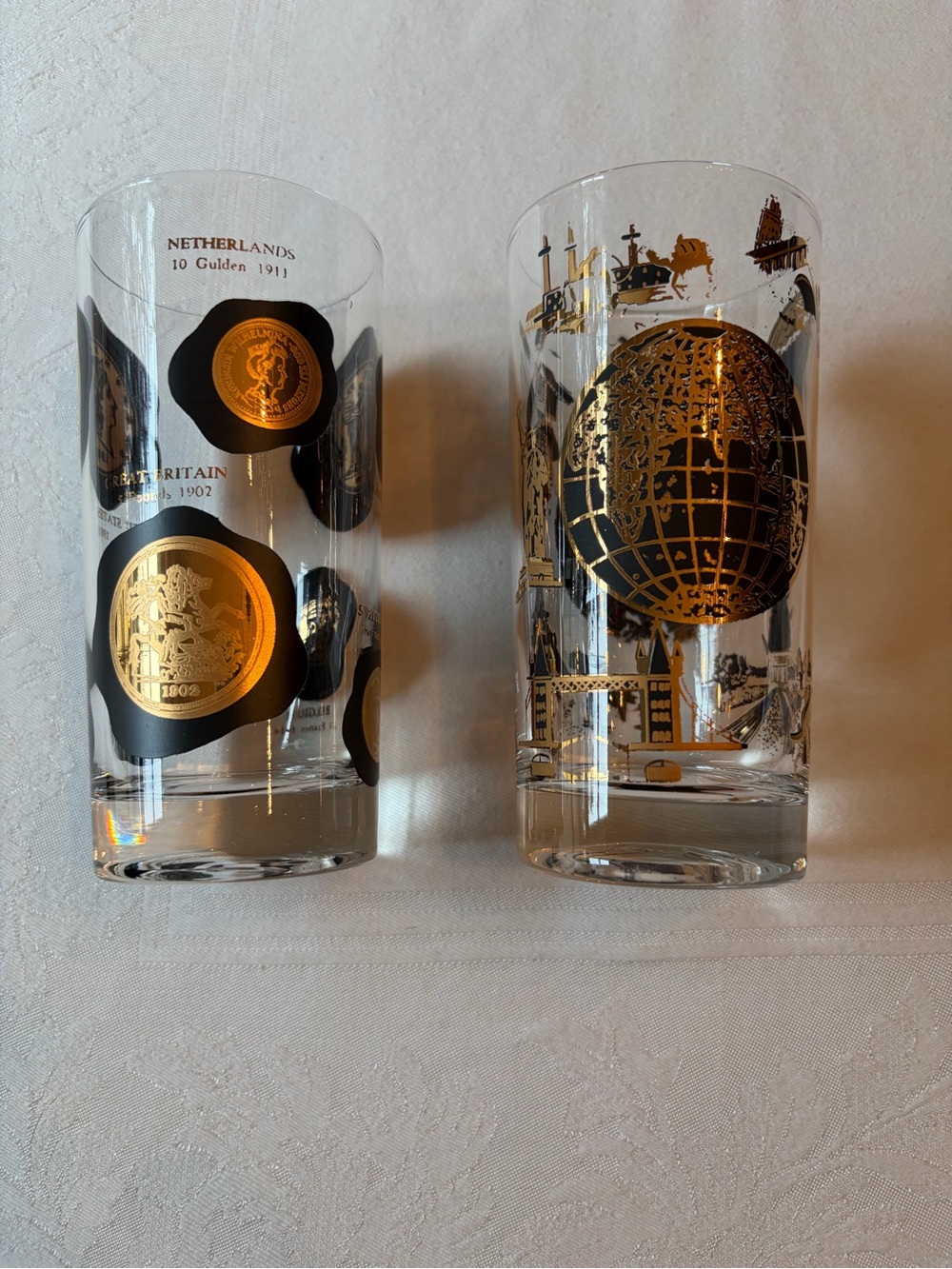 Vintage Libby MCM Pair of Tall Highball Gold & Black Decorative Glasses 22KGold